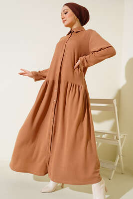 Boydan Düğmeli Katlı Elbise Camel - Thumbnail