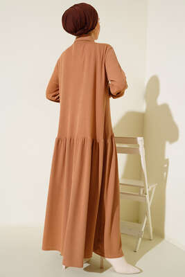 Boydan Düğmeli Katlı Elbise Camel - Thumbnail