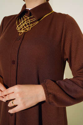 Boydan Düğmeli Katlı Elbise Kahve - Thumbnail