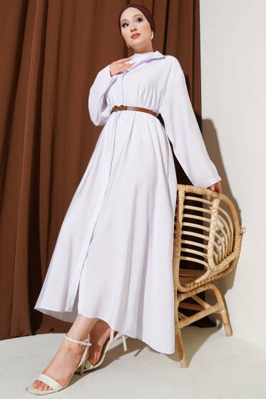 Boydan Düğmeli Kemerli Basic Elbise Açık Lila - Elbise