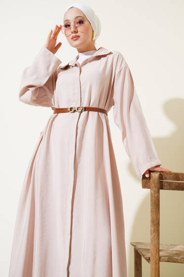 Boydan Düğmeli Kemerli Basic Elbise Bej - Elbise