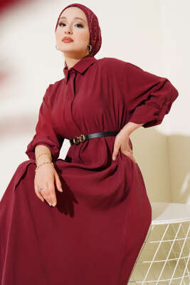 Boydan Düğmeli Kemerli Basic Elbise Bordo - Elbise