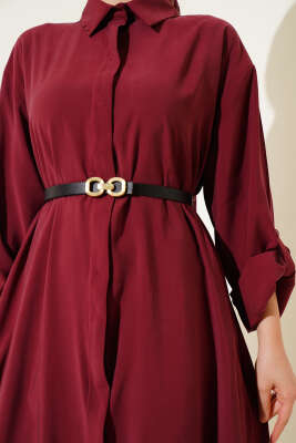 Boydan Düğmeli Kemerli Basic Elbise Bordo - Elbise