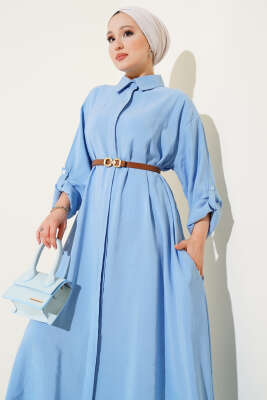 Boydan Düğmeli Kemerli Basic Elbise Buz Mavisi - Elbise