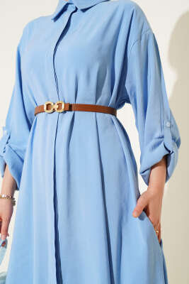 Boydan Düğmeli Kemerli Basic Elbise Buz Mavisi - Elbise
