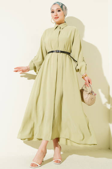 Boydan Düğmeli Kemerli Basic Elbise Çağla Yeşili - Elbise