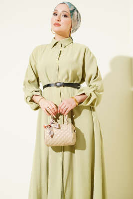 Boydan Düğmeli Kemerli Basic Elbise Çağla Yeşili - Elbise