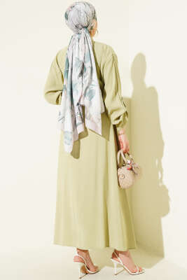 Boydan Düğmeli Kemerli Basic Elbise Çağla Yeşili - Elbise