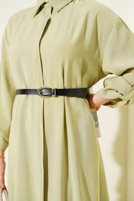 Boydan Düğmeli Kemerli Basic Elbise Çağla Yeşili - Elbise