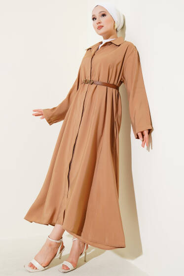 Boydan Düğmeli Kemerli Basic Elbise Camel - Elbise
