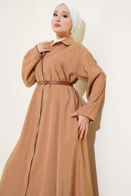 Boydan Düğmeli Kemerli Basic Elbise Camel - Elbise