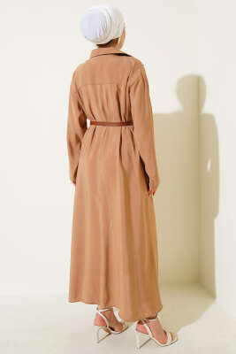 Boydan Düğmeli Kemerli Basic Elbise Camel - Elbise