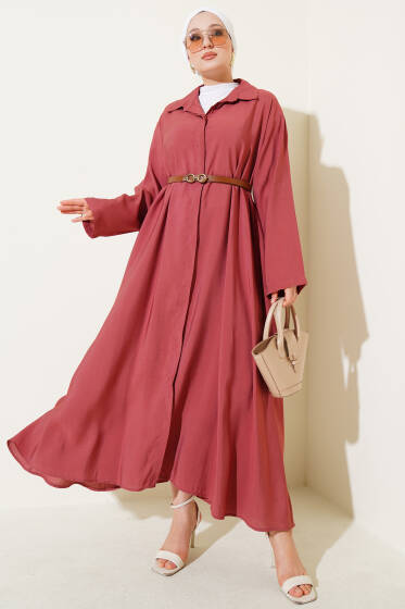 Boydan Düğmeli Kemerli Basic Elbise Gül Kurusu - Elbise