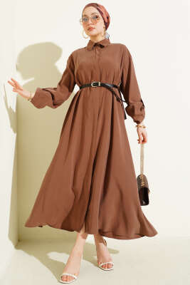 Boydan Düğmeli Kemerli Basic Elbise Latte 