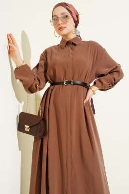 Boydan Düğmeli Kemerli Basic Elbise Latte - Elbise