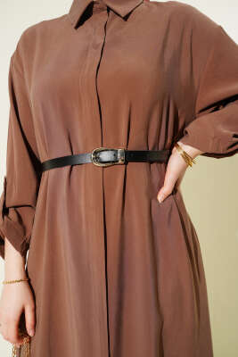 Boydan Düğmeli Kemerli Basic Elbise Latte - Elbise