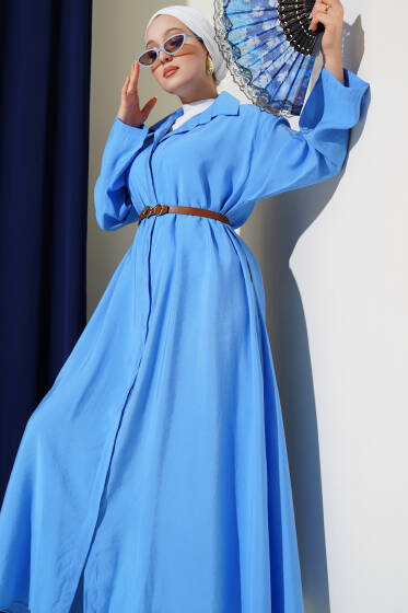 Boydan Düğmeli Kemerli Basic Elbise Mavi - Elbise