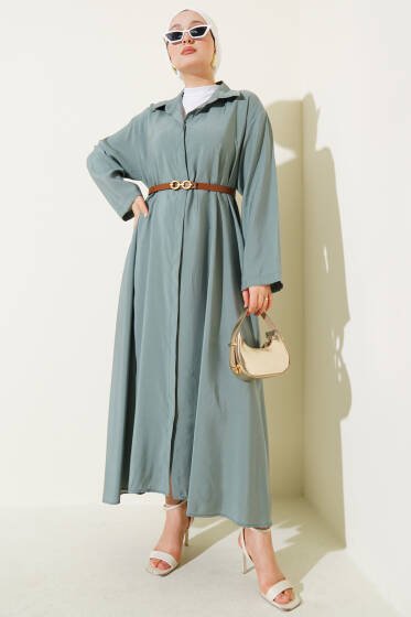 Boydan Düğmeli Kemerli Basic Elbise Mint - Elbise
