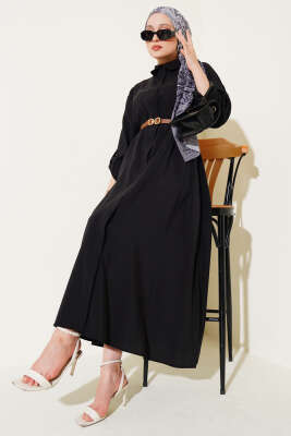 Boydan Düğmeli Kemerli Basic Elbise Siyah - Elbise