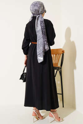 Boydan Düğmeli Kemerli Basic Elbise Siyah - Elbise