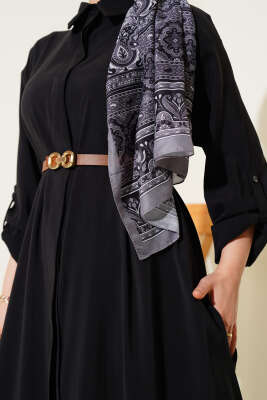 Boydan Düğmeli Kemerli Basic Elbise Siyah - Elbise