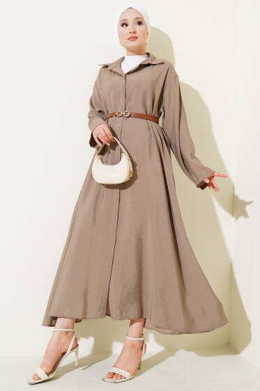 Boydan Düğmeli Kemerli Basic Elbise Vizon - Elbise
