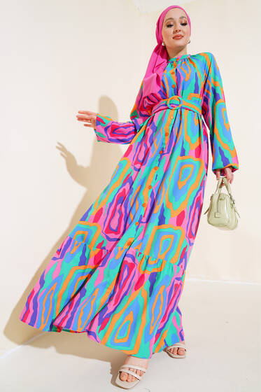 Boydan Düğmeli Kemerli Elbise Gökkuşağı - Tesettür Elbise