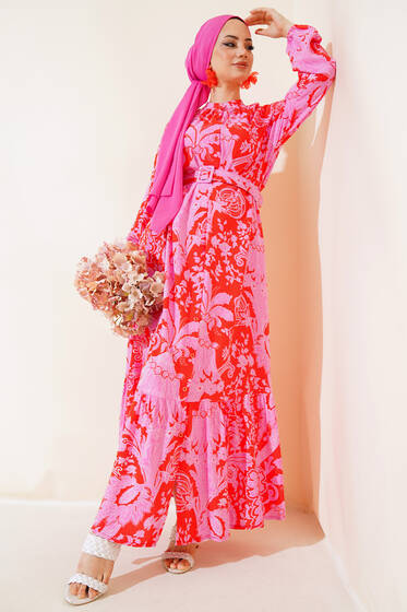 Boydan Düğmeli Kemerli Elbise Kırmızı - Elbise