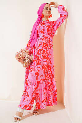 Boydan Düğmeli Kemerli Elbise Kırmızı 