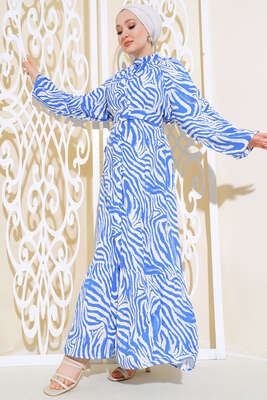 Boydan Düğmeli Kemerli Elbise Mavi Bej - Thumbnail