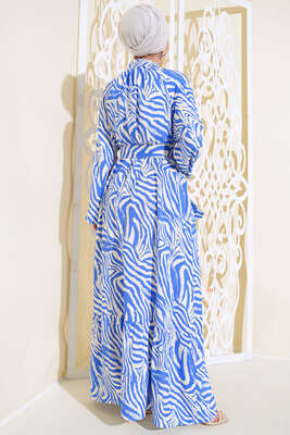 Boydan Düğmeli Kemerli Elbise Mavi Bej - Thumbnail