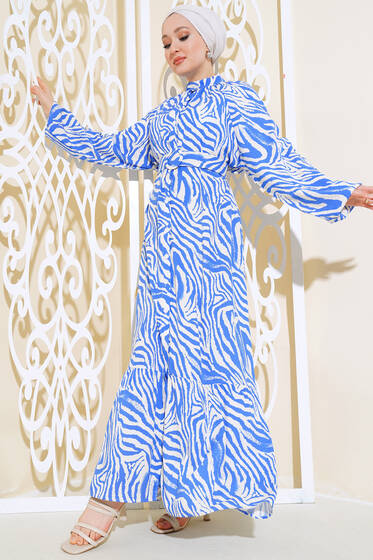 Boydan Düğmeli Kemerli Elbise Mavi Bej - Tesettür Elbise
