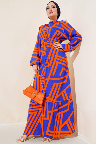 Boydan Düğmeli Kemerli Elbise Oranj Saks - Tesettür Elbise