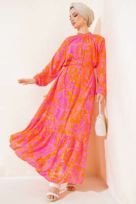 Boydan Düğmeli Kemerli Elbise Oranj 