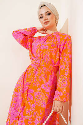 Boydan Düğmeli Kemerli Elbise Oranj - Tesettür Elbise