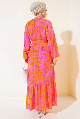 Boydan Düğmeli Kemerli Elbise Oranj - Tesettür Elbise