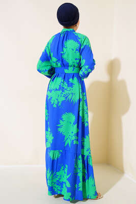 Boydan Düğmeli Kemerli Elbise Saks Yeşil - Thumbnail