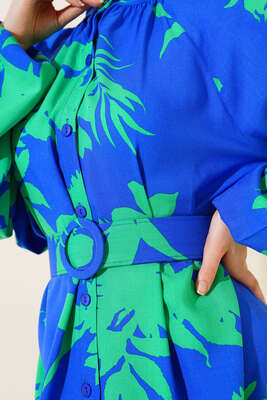 Boydan Düğmeli Kemerli Elbise Saks Yeşil - Thumbnail