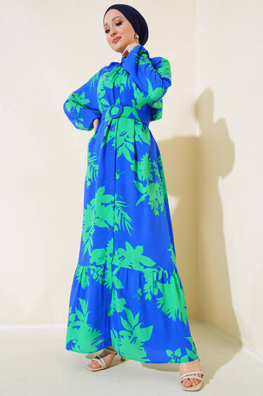 Boydan Düğmeli Kemerli Elbise Saks Yeşil - Tesettür Elbise