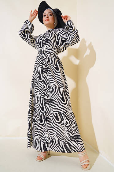 Boydan Düğmeli Kemerli Elbise Siyah Bej - Tesettür Elbise