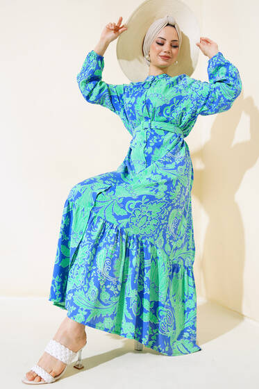 Boydan Düğmeli Kemerli Elbise Yeşil - Elbise