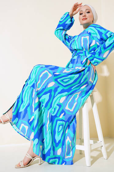 Boydan Düğmeli Kemerli Elbise Yeşil Mavi - Tesettür Elbise