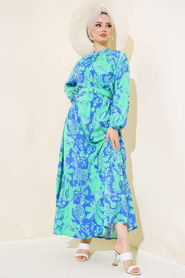 Boydan Düğmeli Kemerli Elbise Yeşil - Tesettür Elbise