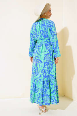 Boydan Düğmeli Kemerli Elbise Yeşil - Tesettür Elbise