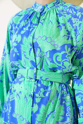 Boydan Düğmeli Kemerli Elbise Yeşil - Tesettür Elbise