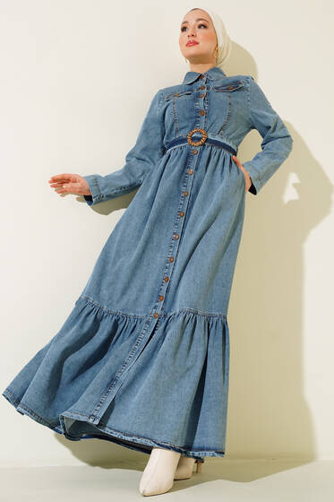 Boydan Düğmeli Kemerli Kot Elbise Kot - Tesettür Elbise