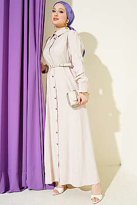 Boydan Düğmeli Kemerli Tensel Elbise Bej - BERAT TEKSTİL