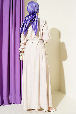 Boydan Düğmeli Kemerli Tensel Elbise Bej - Elbise