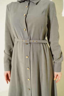 Boydan Düğmeli Kemerli Tensel Elbise Haki - Elbise