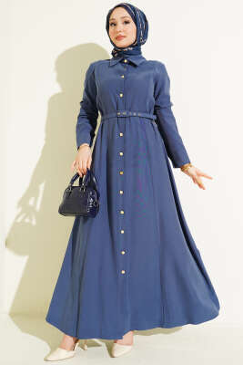Boydan Düğmeli Kemerli Tensel Elbise İndigo - BERAT TEKSTİL